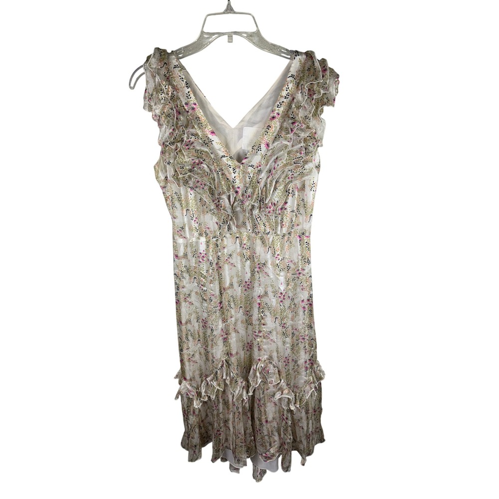 Anna Sui for Anthropologie Silk Floral Ruffle V-Neck Metallic Lurex Dress 6